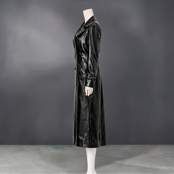 Long Black Faux Leather Trench Coat - Women's Coat - Picture 6 of 12